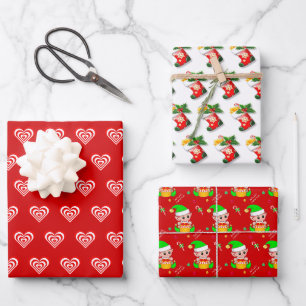 Feuille De Papier Cadeau Cœurs, bas et lutin de Noël sur fond rouge