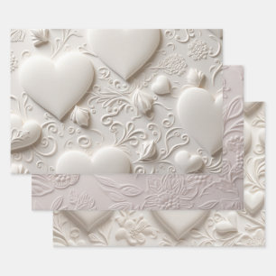 Feuille De Papier Cadeau Coeurs Blancs (Aspect Embossé)