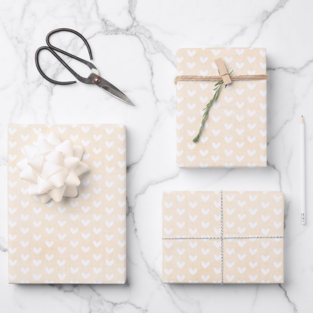 Feuille De Papier Cadeau Cœurs blancs sur lin crème (Recto)