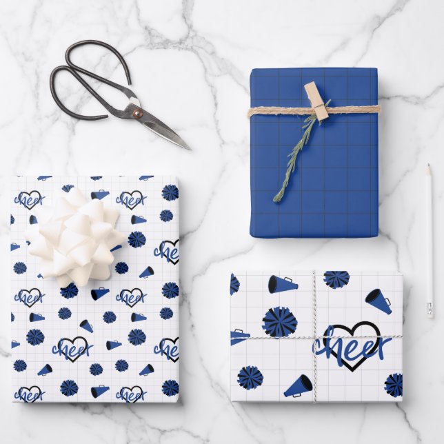 Feuille De Papier Cadeau Coeurs bleus, Pom Poms, Motif mégaphone (Recto)