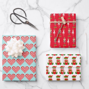 Feuille De Papier Cadeau Coeurs, Casse-Noix et Elfe de Noël