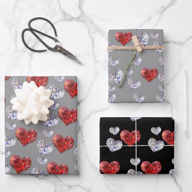 Feuille De Papier Cadeau Coeurs de diamants précieux et élégants (Recto)