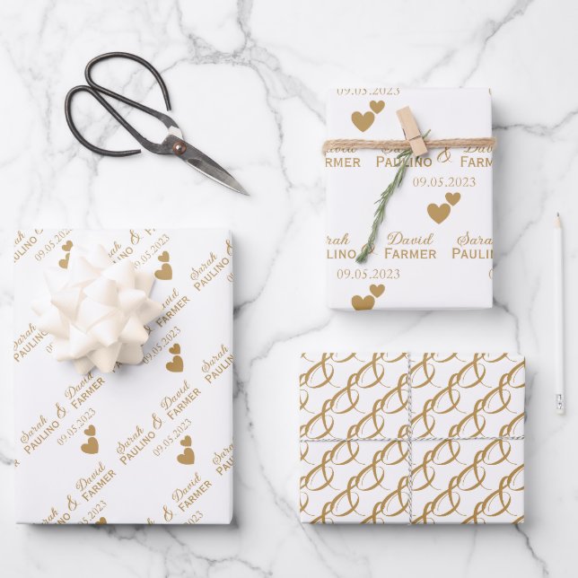 Feuille De Papier Cadeau Coeurs d'or Mariage personnalisés (Recto)