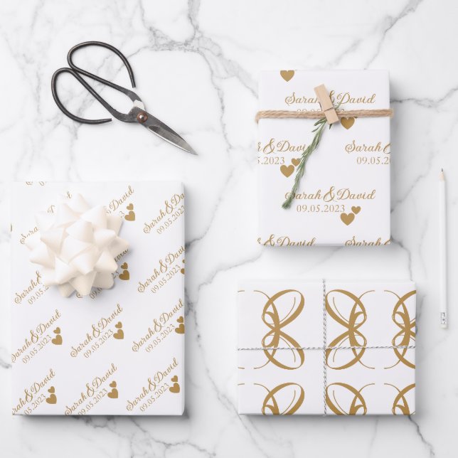 Feuille De Papier Cadeau Coeurs d'or Mariage personnalisés (Recto)