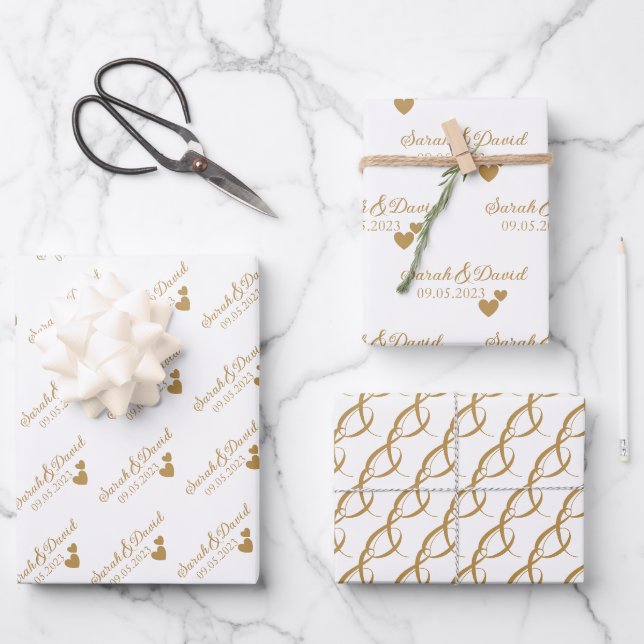Feuille De Papier Cadeau Coeurs d'or Mariage personnalisés (Recto)