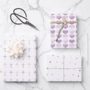 Feuille De Papier Cadeau Coeurs et points croisés de la Lavande de communio