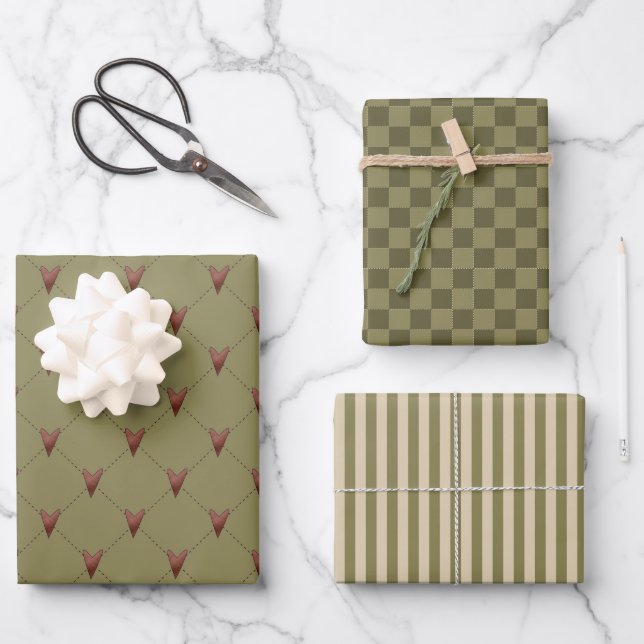 Feuille De Papier Cadeau Coeurs et rayures rustiques (Recto)