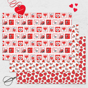 Feuille De Papier Cadeau Coeurs et timbres vintages de la Saint-Valentin