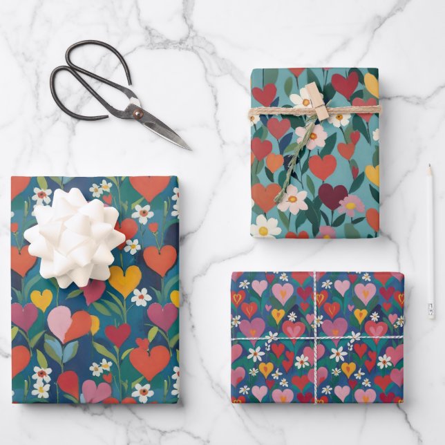 Feuille De Papier Cadeau Coeurs joueurs Floral (Recto)