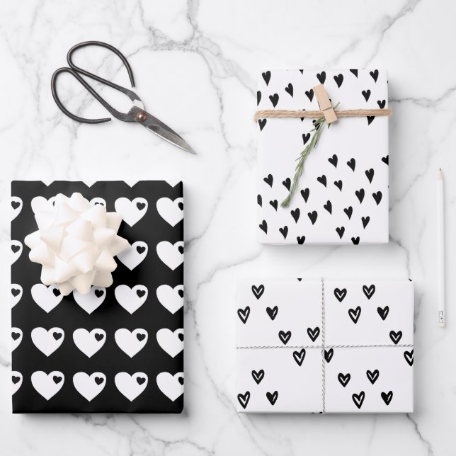 Feuille De Papier Cadeau Coeurs noirs et blancs (Recto)