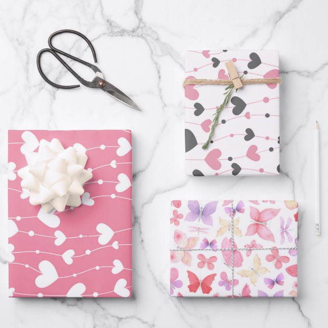 Feuille De Papier Cadeau Cœurs Papillons Rose Blanc Gris (Recto)