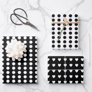 Feuille De Papier Cadeau Coeurs pois blanc noir