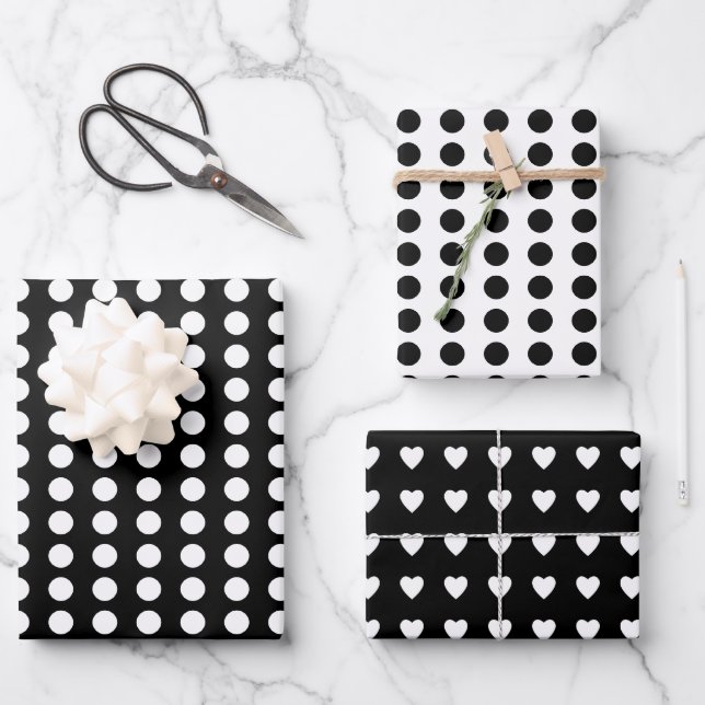 Feuille De Papier Cadeau Coeurs pois blanc noir (Recto)