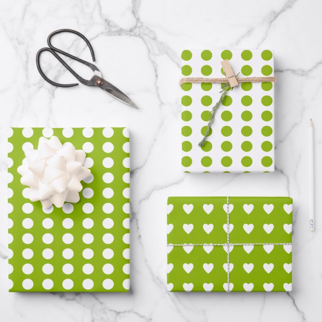 Feuille De Papier Cadeau Coeurs pois blanc pomme vert (Recto)