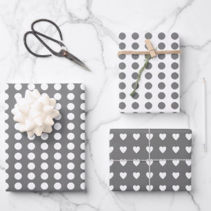 Feuille De Papier Cadeau Coeurs pois gris blanc