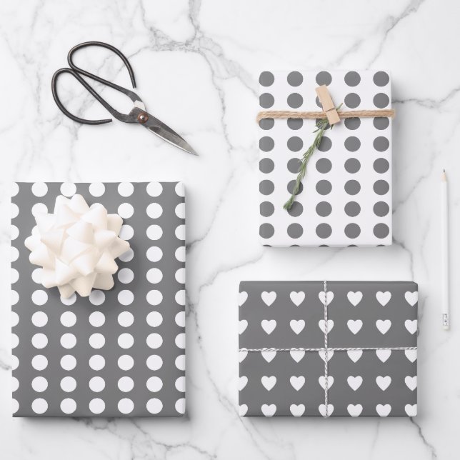 Feuille De Papier Cadeau Coeurs pois gris blanc (Recto)