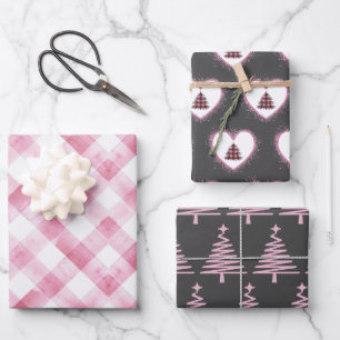 Feuille De Papier Cadeau Coeurs rétro vintages Arbre de Noël rose et gris