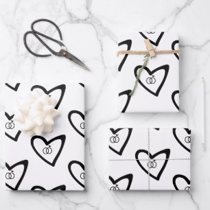 Feuille De Papier Cadeau Coeurs romantiques Anneaux Motif noir Mariage