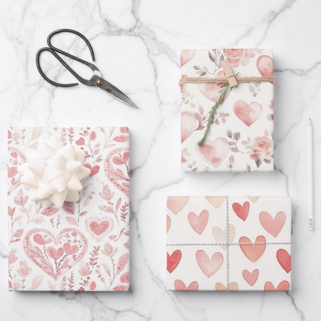 Feuille De Papier Cadeau Cœurs roses Amour floral (Recto)