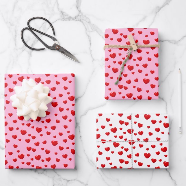 Feuille De Papier Cadeau Coeurs rouges éparpillés sur rose (Recto)