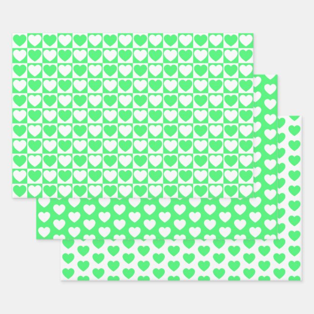 Feuille De Papier Cadeau Coeurs vert clair et blanc (Lot)
