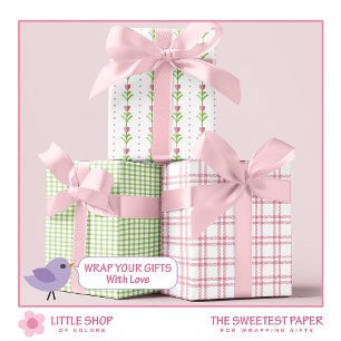 Feuille De Papier Cadeau Coeurs verts roses Jour des Valentines Plantées Fl