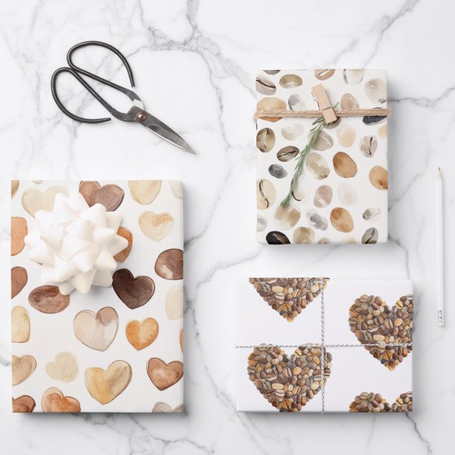 Feuille De Papier Cadeau Coffee Bean Hearts Coffee First (Recto)