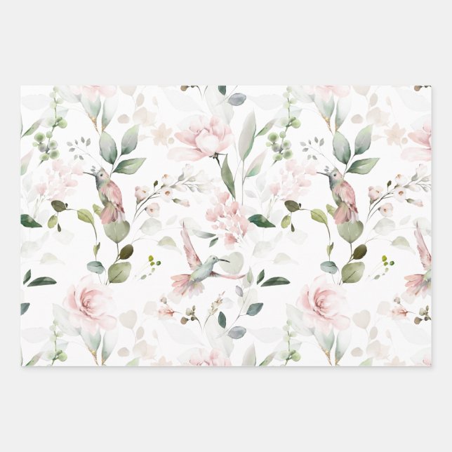 Feuille De Papier Cadeau Colibri rose de feuillage (Devant)