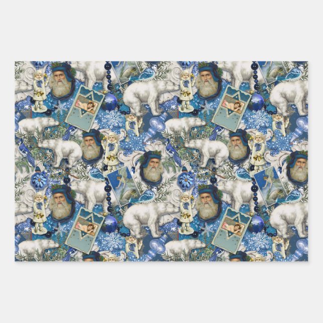 Feuille De Papier Cadeau Collage de Noël victorien bleu (Devant)