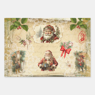 Feuille De Papier Cadeau Collage de Noël vintage de Père Noël