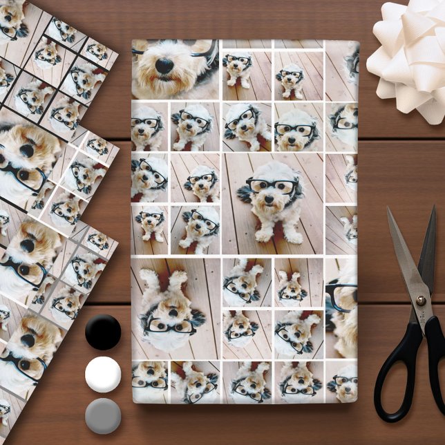 Feuille De Papier Cadeau Collage photo carré - Jusqu'à 14 photos noir (Custom Photo Wrapping Paper)