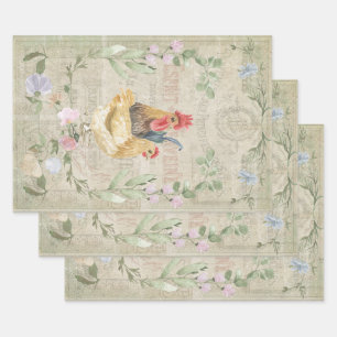 Feuille De Papier Cadeau Collage vintage - coqs et fleurs 