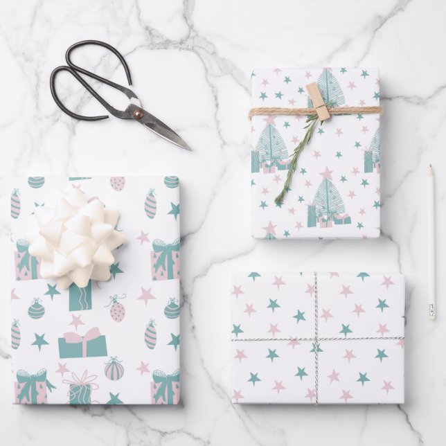 Feuille De Papier Cadeau Collection de Noël rose et turquoise (Recto)
