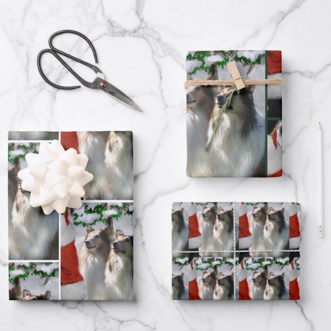Feuille De Papier Cadeau Collies et Père Noël Christmas (Recto)