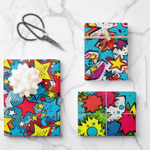 Feuille De Papier Cadeau Comic Pop Art Style Stars Motif coloré Cadeau