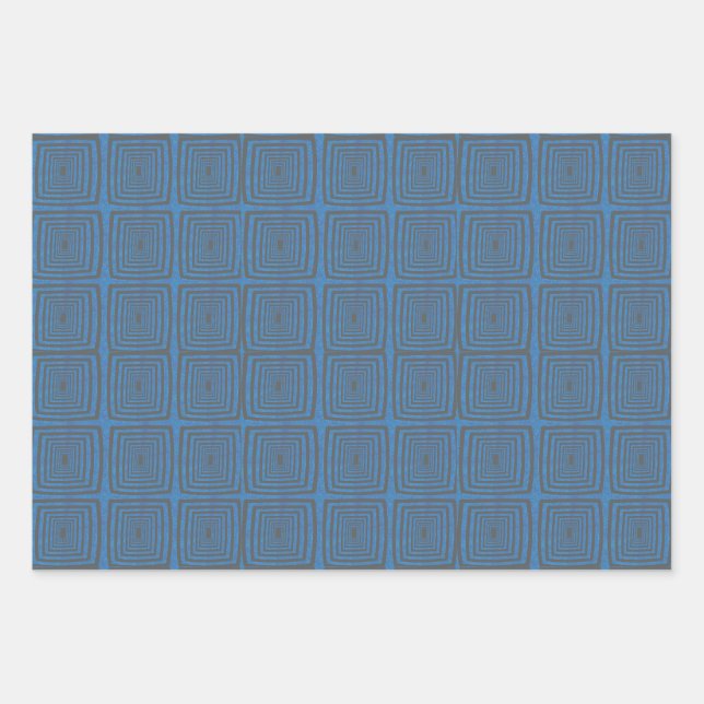Feuille De Papier Cadeau Concentric Wavy Squares on a mottled blue paintbox (Devant)