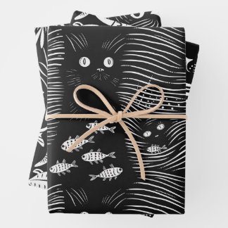 Feuille De Papier Cadeau Conception de ligne à plat pour chat noir sophisti