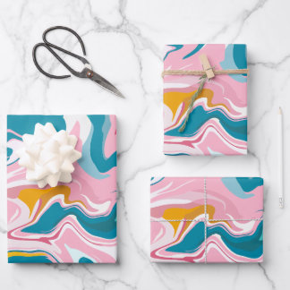 Feuille De Papier Cadeau Conception de marbre fluide avec rose et sarcelle