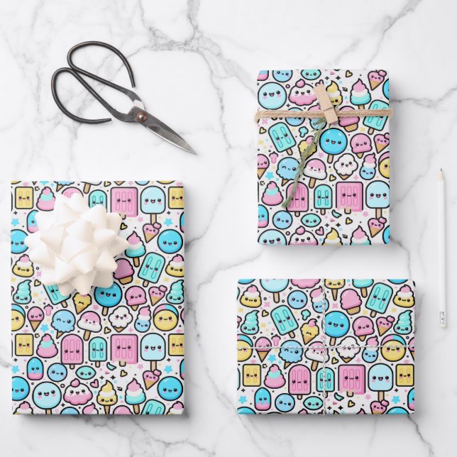 Feuille De Papier Cadeau Cone de crème glacée et Popsicle Kawaii Art (Recto)