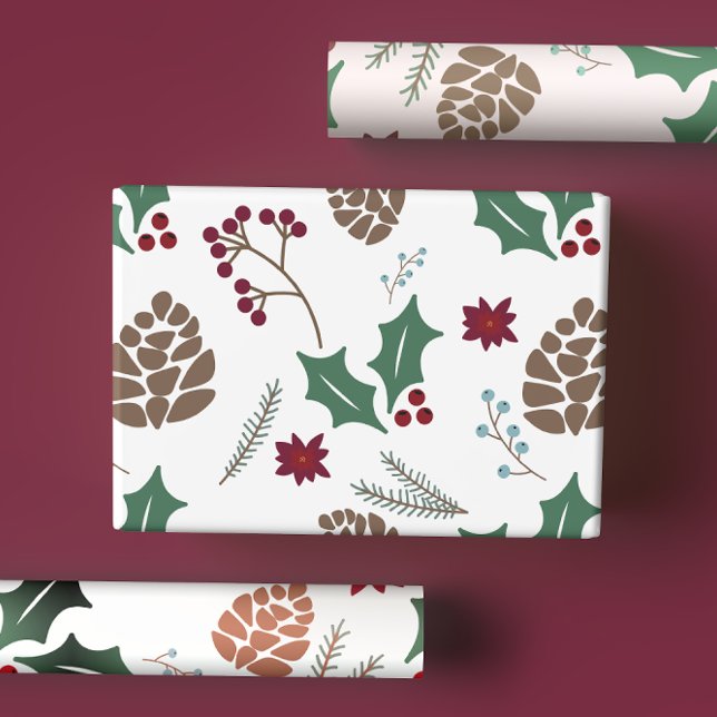 Feuille De Papier Cadeau Cone de pin mignonne et Berry Holly Noël (Créateur téléchargé)