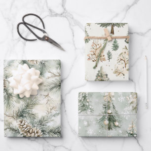 Feuille De Papier Cadeau Cônes de pin Vert Crème Arbres de Noël Flocons de
