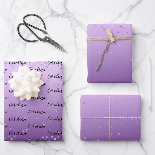 Feuille De Papier Cadeau Confetti d'argent Ombre violet (Recto)