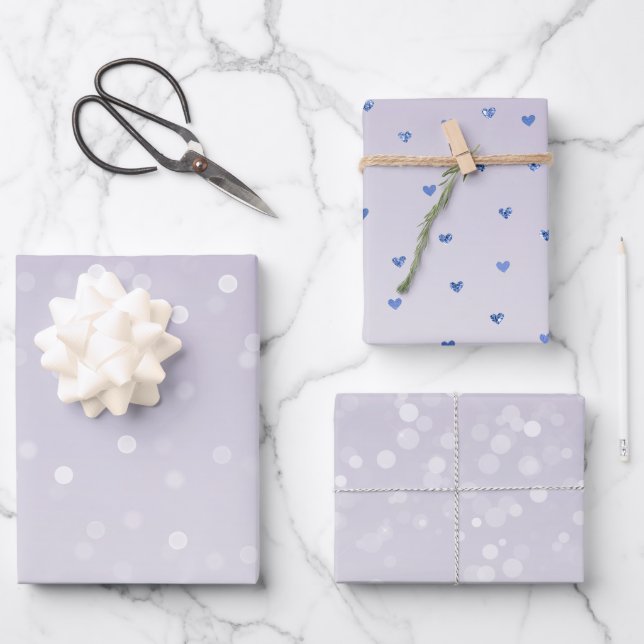 Feuille De Papier Cadeau Confetti de Bokeh blanc violet de lavande (Recto)