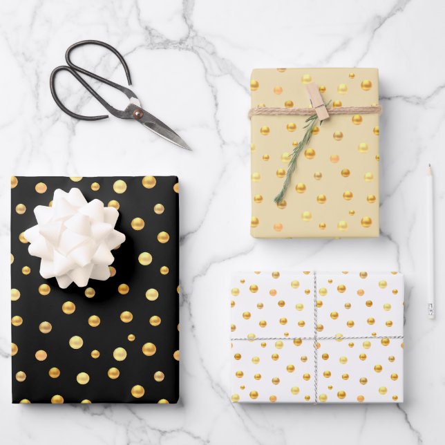 Feuille De Papier Cadeau Confetti d'or, noir et blanc (Recto)