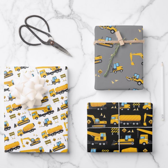Feuille De Papier Cadeau Construction Camion Excavateur Enfants présents (Recto)