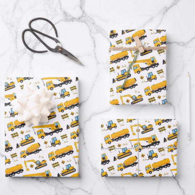 Feuille De Papier Cadeau Construction Camion Excavateur Enfants présents (Recto)