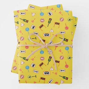 Feuille De Papier Cadeau Construction et signalisation routière Jaune. Papi