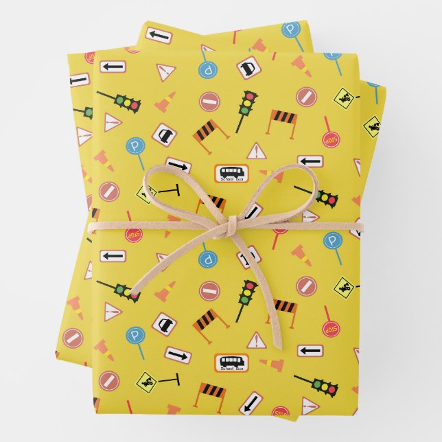 Feuille De Papier Cadeau Construction et signalisation routière Jaune. Papi (En situation)
