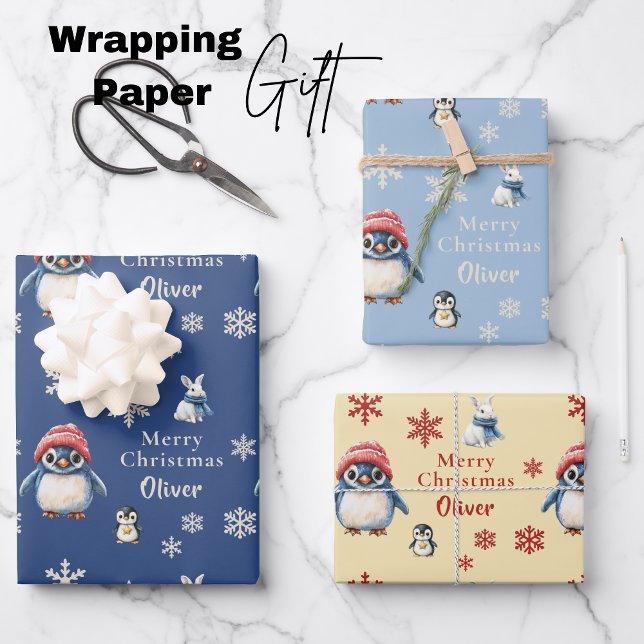 Feuille De Papier Cadeau Contes d'hiver enchantés Pingouin et lapin Noël (Enchanted Winter Tales Penguin & Bunny Christmas Wrapping Paper Sheets)