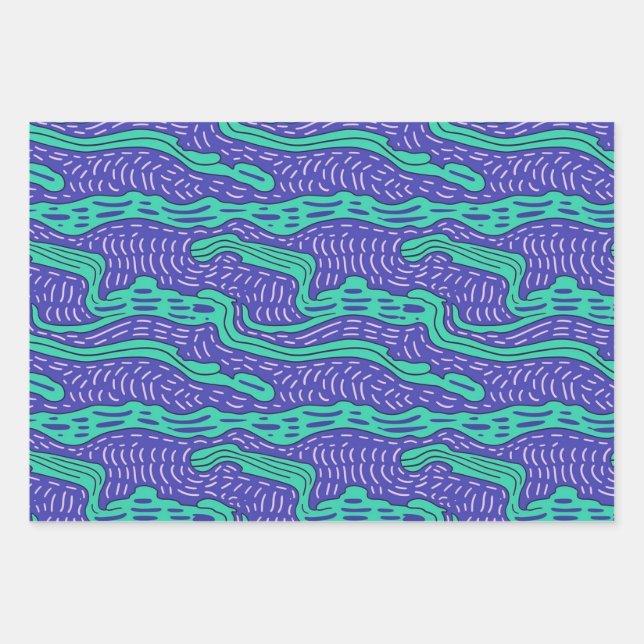 Feuille De Papier Cadeau Cool Bizarre Turquoise Purple Lines n Squiggles Mo (Devant)